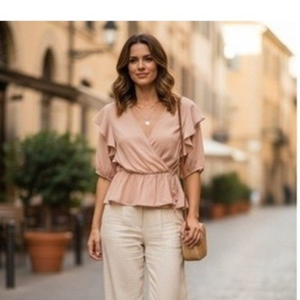 Express Womens XS Blush Pink Ruffle Wrap Peplum Puff Sleeve Blouse Top